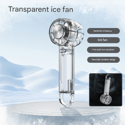 Transparent Black Portable Mini Cooling Fan with Semiconductor Ice Compress - USB-C Rechargeable, 3-Speed Turbine & Transparent Design.