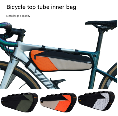 Black and White Waterproof Bicycle Frame Bag - 2.5L Slim Top Tube Storage Pouch for Cycling Essentials.