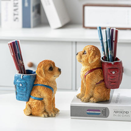Blue Backpack Charming Golden Retriever Puppy Pen Holder - Resin Desktop Organizer & Decorative Figurine.