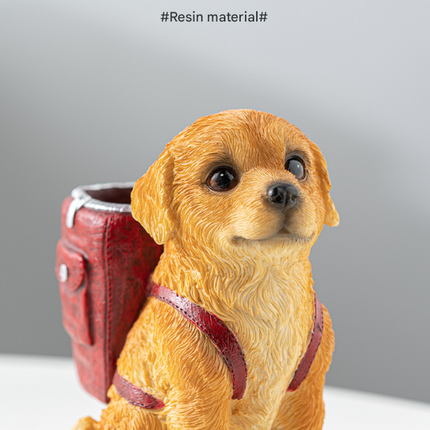 Blue Backpack Charming Golden Retriever Puppy Pen Holder - Resin Desktop Organizer & Decorative Figurine.