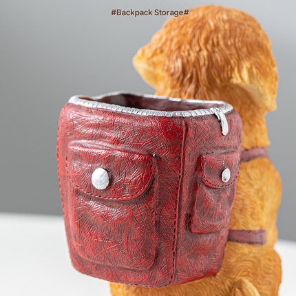 Blue Backpack Charming Golden Retriever Puppy Pen Holder - Resin Desktop Organizer & Decorative Figurine.