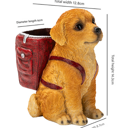Red Backpack Charming Golden Retriever Puppy Pen Holder - Resin Desktop Organizer & Decorative Figurine.
