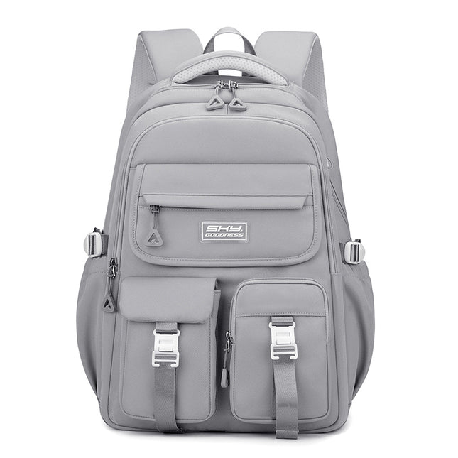 Grey Large Capacity Waterproof Student Backpack - Fits 15-Inch Laptop, Multi-Pocket Travel Daypack.