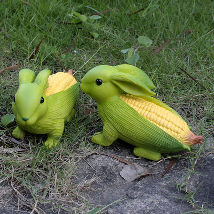 Green And Yellow Whimsical Resin Corn Rabbit Garden Statue - Unique Outdoor Yard Art Figurine with Decorative Sign.