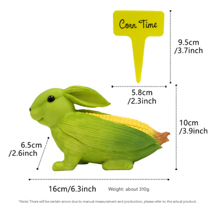 Green And Yellow Whimsical Resin Corn Rabbit Garden Statue - Unique Outdoor Yard Art Figurine with Decorative Sign.