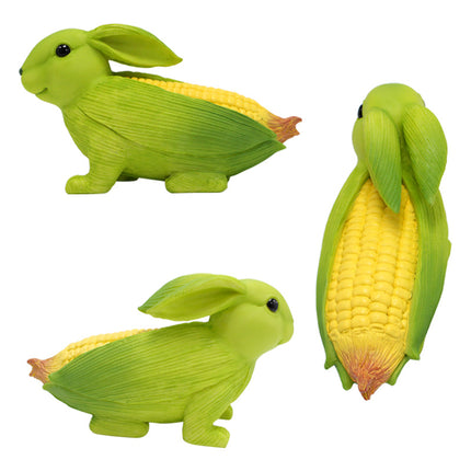 Green And Yellow Whimsical Resin Corn Rabbit Garden Statue - Unique Outdoor Yard Art Figurine with Decorative Sign.
