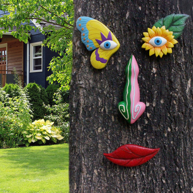 Colorful Vibrant Resin Tree Face Art - 4 Piece Whimsical Outdoor Garden & Wall Decor Set.