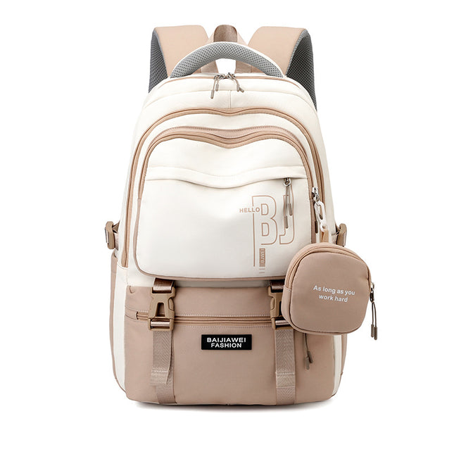 Brown and White Large Capacity Student Backpack - Durable Oxford Cloth School Bag with Laptop Compartment & Multiple Pockets.