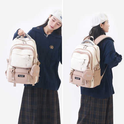 Brown and White Large Capacity Student Backpack - Durable Oxford Cloth School Bag with Laptop Compartment & Multiple Pockets.