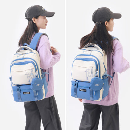 Blue and White Large Capacity Student Backpack - Durable Oxford Cloth School Bag with Laptop Compartment & Multiple Pockets.