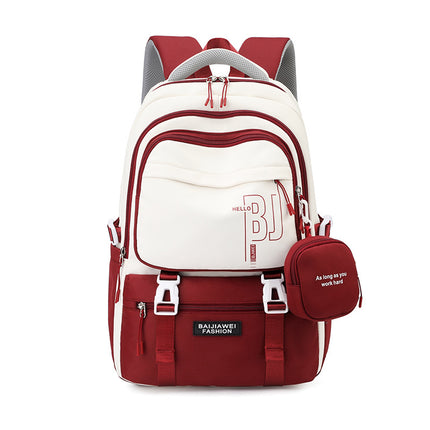 Red and White Large Capacity Student Backpack - Durable Oxford Cloth School Bag with Laptop Compartment & Multiple Pockets.