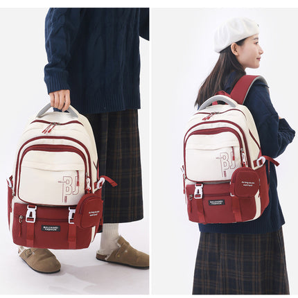 Red and White Large Capacity Student Backpack - Durable Oxford Cloth School Bag with Laptop Compartment & Multiple Pockets.