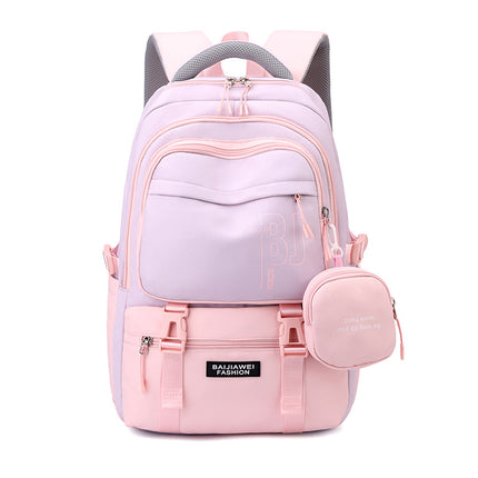 Pink and Purple Large Capacity Student Backpack - Durable Oxford Cloth School Bag with Laptop Compartment & Multiple Pockets.