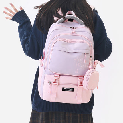 Pink and Purple Large Capacity Student Backpack - Durable Oxford Cloth School Bag with Laptop Compartment & Multiple Pockets.