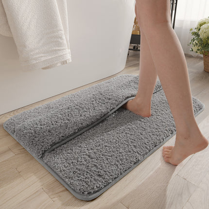 Grey Ultra Absorbent Plush Bath Mat - Non-Slip Bathroom Rug with Innovative Foot Drying Pocket.