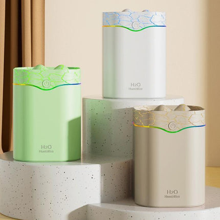 Green Volcano Style 2L Cool Mist Humidifier - Triple Nozzle with RGB LED & Quiet Operation.