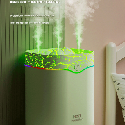 Green Volcano Style 2L Cool Mist Humidifier - Triple Nozzle with RGB LED & Quiet Operation.