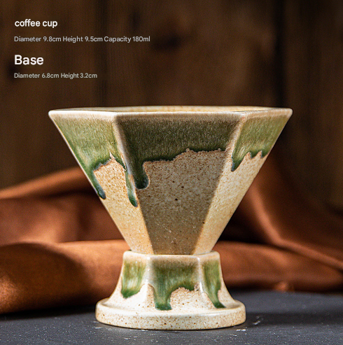 Beige and Green Artistic Hexagonal Ceramic Coffee Cup & Stand Set - 180ml Nordic Design Drip Glaze Mug.