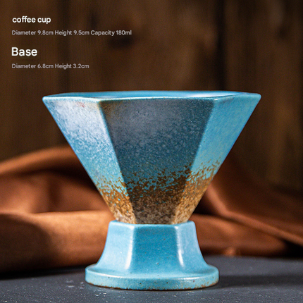 Blue and Brown Artistic Hexagonal Ceramic Coffee Cup & Stand Set - 180ml Nordic Design Drip Glaze Mug.