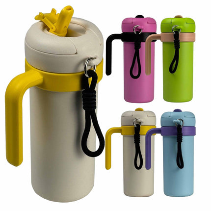 Beige and Yellow 700ml Insulated Stainless Steel Tumbler with Handle, Dual-Sip Lid, Straw & Tea Infuser.