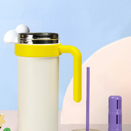 Beige and Yellow 700ml Insulated Stainless Steel Tumbler with Handle, Dual-Sip Lid, Straw & Tea Infuser.