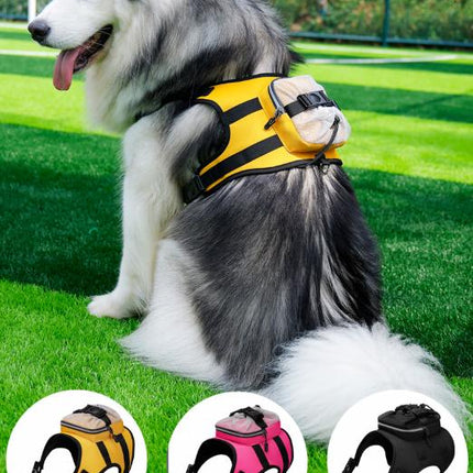 Size L Black and Yellow Ultimate Dog Harness Vest with Backpack - Padded, Reflective & Adjustable for Medium to Large Breeds.
