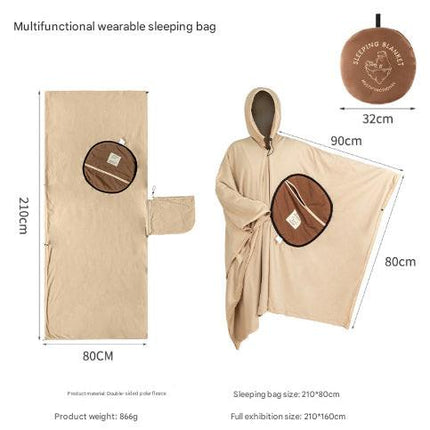 Khaki Cozy 4-in-1 Wearable Fleece Poncho Sleeping Bag - Multifunctional Camping Blanket with Detachable Hood.