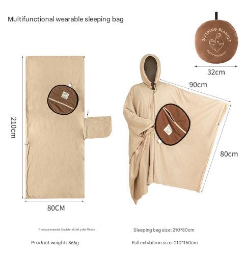 Khaki Cozy 4-in-1 Wearable Fleece Poncho Sleeping Bag - Multifunctional Camping Blanket with Detachable Hood.