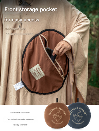Khaki Cozy 4-in-1 Wearable Fleece Poncho Sleeping Bag - Multifunctional Camping Blanket with Detachable Hood.