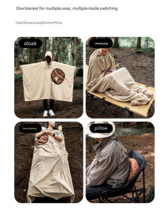 Khaki Cozy 4-in-1 Wearable Fleece Poncho Sleeping Bag - Multifunctional Camping Blanket with Detachable Hood.