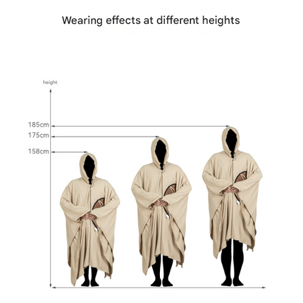 Khaki Cozy 4-in-1 Wearable Fleece Poncho Sleeping Bag - Multifunctional Camping Blanket with Detachable Hood.