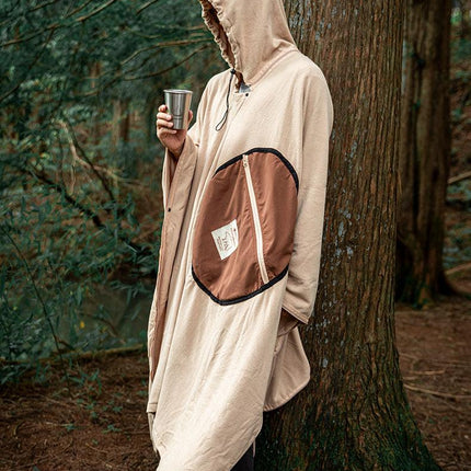 Khaki Cozy 4-in-1 Wearable Fleece Poncho Sleeping Bag - Multifunctional Camping Blanket with Detachable Hood.