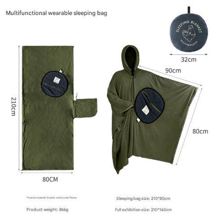 Green Cozy 4-in-1 Wearable Fleece Poncho Sleeping Bag - Multifunctional Camping Blanket with Detachable Hood.