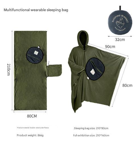 Green Cozy 4-in-1 Wearable Fleece Poncho Sleeping Bag - Multifunctional Camping Blanket with Detachable Hood.