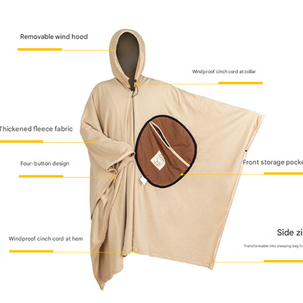 Green Cozy 4-in-1 Wearable Fleece Poncho Sleeping Bag - Multifunctional Camping Blanket with Detachable Hood.