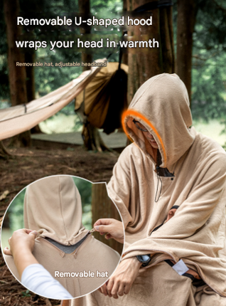 Green Cozy 4-in-1 Wearable Fleece Poncho Sleeping Bag - Multifunctional Camping Blanket with Detachable Hood.