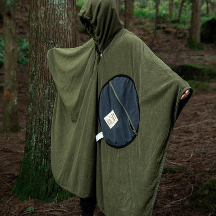 Green Cozy 4-in-1 Wearable Fleece Poncho Sleeping Bag - Multifunctional Camping Blanket with Detachable Hood.