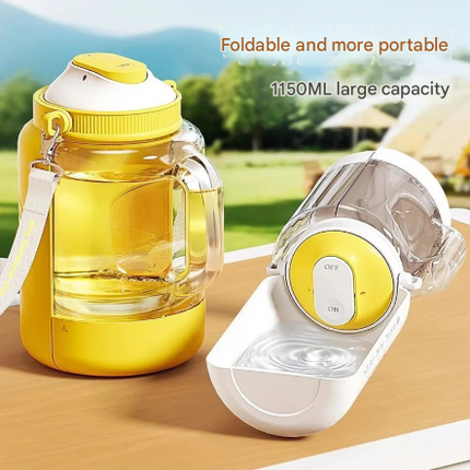 Yellow Large Capacity 2-in-1 Pet Travel Water & Food Bottle Dispenser - Portable Outdoor Dog Feeder with Shoulder Strap.