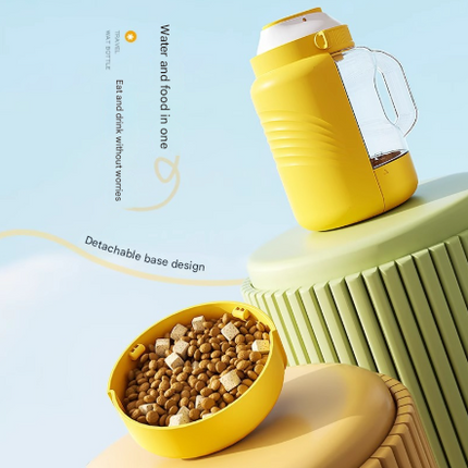 Yellow Large Capacity 2-in-1 Pet Travel Water & Food Bottle Dispenser - Portable Outdoor Dog Feeder with Shoulder Strap.