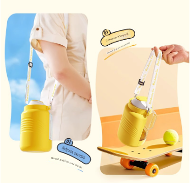 Yellow Large Capacity 2-in-1 Pet Travel Water & Food Bottle Dispenser - Portable Outdoor Dog Feeder with Shoulder Strap.