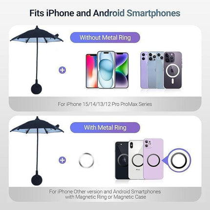 Blue Magnetic Phone Umbrella Sun Shade - Clear Outdoor Screen Visor, Anti-Glare Mini Parasol for iPhone.