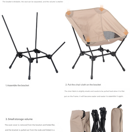 Khaki Lightweight Portable Camping Chair - Adjustable Height Folding Moon Chair with Breathable Mesh & Carry Bag for Outdoor, Beach, Fishing.
