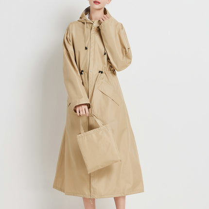Size L Khaki Women's Chic Lightweight Waterproof Raincoat - Long Hooded Packable Rain Jacket with Pouch.