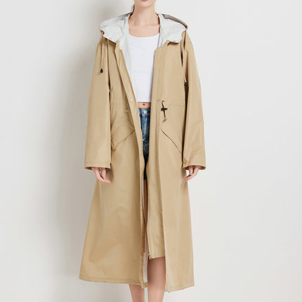 Size L Khaki Women's Chic Lightweight Waterproof Raincoat - Long Hooded Packable Rain Jacket with Pouch.