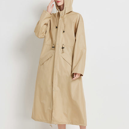 Size L Khaki Women's Chic Lightweight Waterproof Raincoat - Long Hooded Packable Rain Jacket with Pouch.