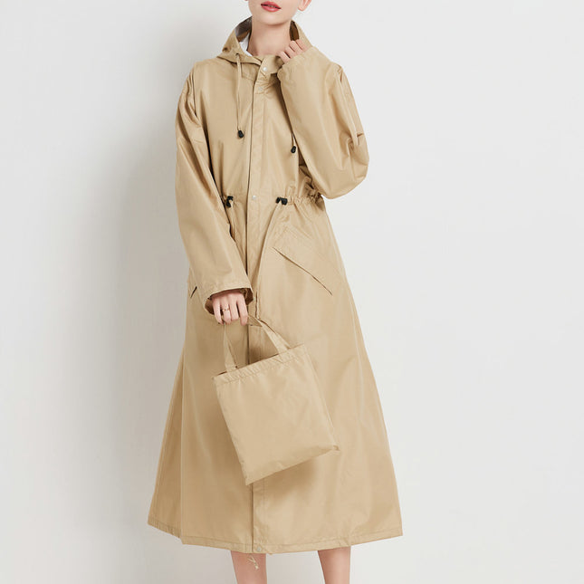 Size XL Khaki Women's Chic Lightweight Waterproof Raincoat - Long Hooded Packable Rain Jacket with Pouch.