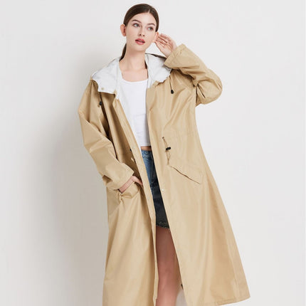 Size XL Khaki Women's Chic Lightweight Waterproof Raincoat - Long Hooded Packable Rain Jacket with Pouch.