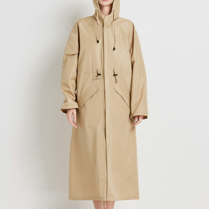 Size XL Khaki Women's Chic Lightweight Waterproof Raincoat - Long Hooded Packable Rain Jacket with Pouch.