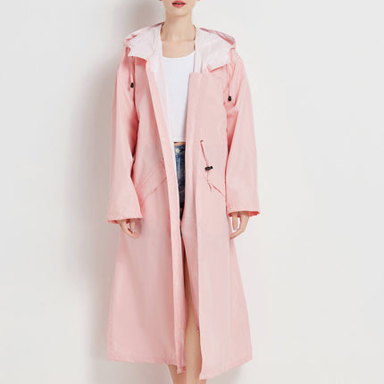 Size L Pink Women's Chic Lightweight Waterproof Raincoat - Long Hooded Packable Rain Jacket with Pouch.