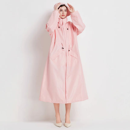 Size L Pink Women's Chic Lightweight Waterproof Raincoat - Long Hooded Packable Rain Jacket with Pouch.